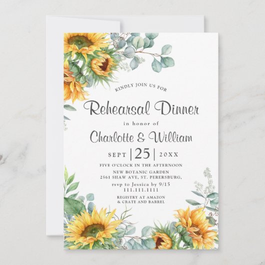 Elegant Sunflower Eucalyptus Rehearsal Dinner Kaart (Voorkant)