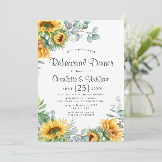 Elegant Sunflower Eucalyptus Rehearsal Dinner Kaart (Staand voorkant)