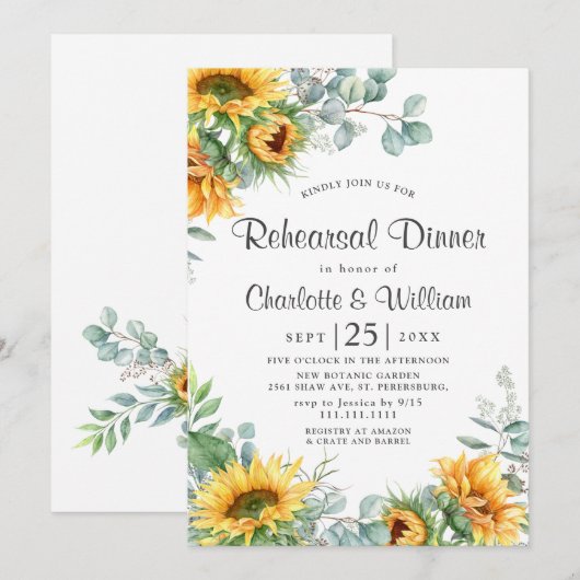 Elegant Sunflower Eucalyptus Rehearsal Dinner Kaart (Voorkant / Achterkant)