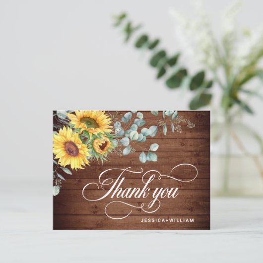 Elegant Sunflower Eucalyptus Rustic Hartelijk dank Briefkaart (Staand voorkant)