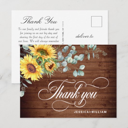 Elegant Sunflower Eucalyptus Rustic Hartelijk dank Briefkaart (Voorkant / Achterkant)