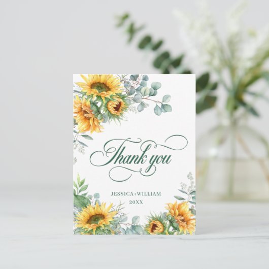 Elegant Sunflower Eucalyptus Rustic Hartelijk dank Briefkaart (Staand voorkant)