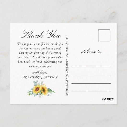 Elegant Sunflower Eucalyptus Rustic Hartelijk dank Briefkaart (Achterkant)