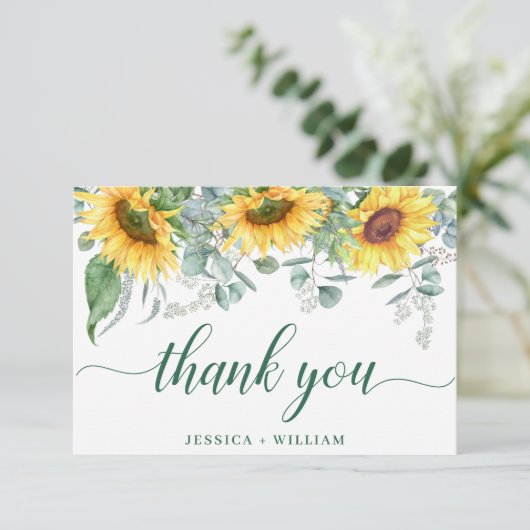 Elegant Sunflower Eucalyptus Rustic Wedding Bedankkaart (Staand voorkant)