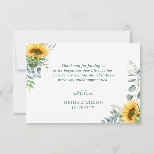 Elegant Sunflower Eucalyptus Rustic Wedding Bedankkaart (Achterkant)