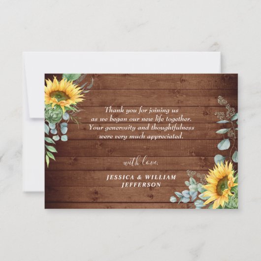 Elegant Sunflower Eucalyptus Rustic Wedding Bedankkaart (Achterkant)
