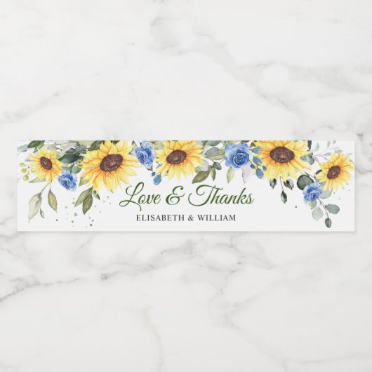 Elegant Sunflower Eucalyptus Waterverf Greenery Waterfles Etiket (Enkel label)