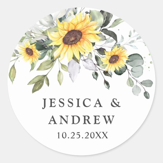 Elegant Sunflower Eucalyptus Waterverf Weddenschap Ronde Sticker (Voorkant)