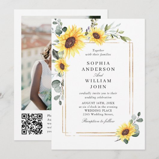 Elegant Sunflower Eucalyptus Weddenschap Foto QR c Kaart (Voorkant / Achterkant)
