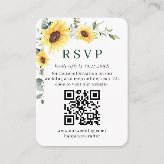 Elegant Sunflower Eucalyptus Weddenschap QR RSVP Informatiekaartje (Voorkant)
