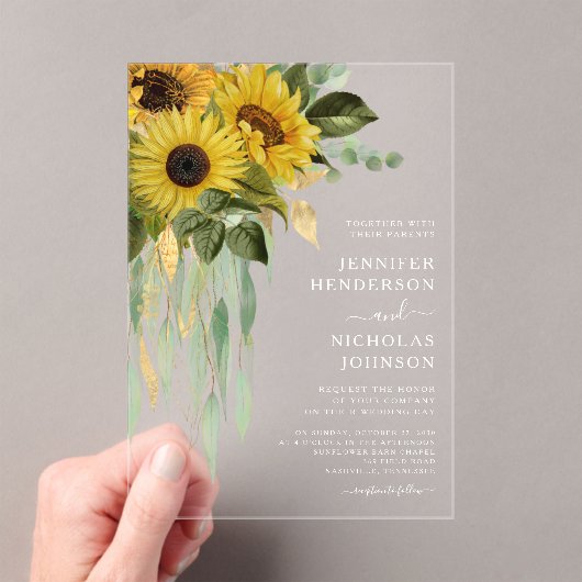 Elegant Sunflower Eucalyptus Wedding Acryl Uitnodigingen (Insitu (Draagbaar))