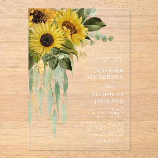 Elegant Sunflower Eucalyptus Wedding Acryl Uitnodigingen (Voorkant)