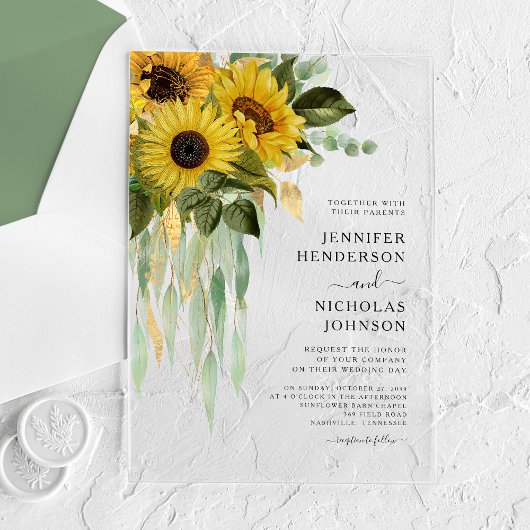 Elegant Sunflower Eucalyptus Wedding Acryl Uitnodigingen