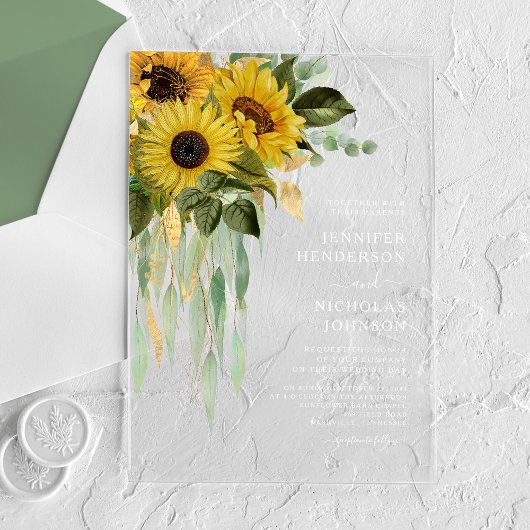 Elegant Sunflower Eucalyptus Wedding Acryl Uitnodigingen