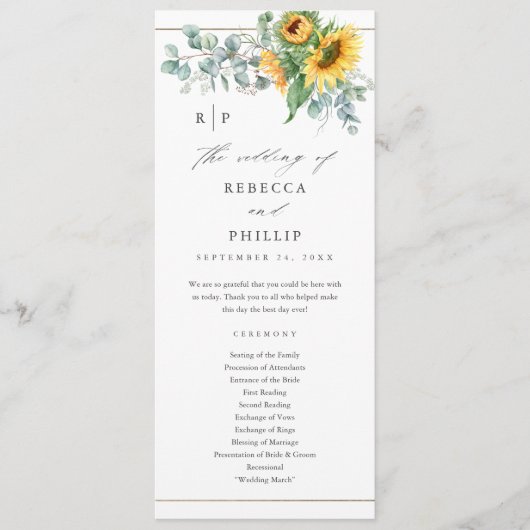 Elegant Sunflower Eucalyptus Wedding Programmakaart (Voorkant)