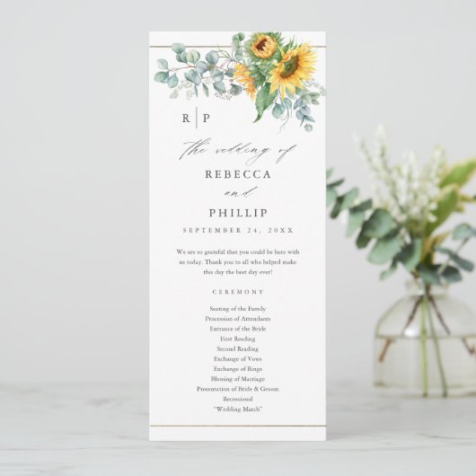Elegant Sunflower Eucalyptus Wedding Programmakaart (Staand voorkant)