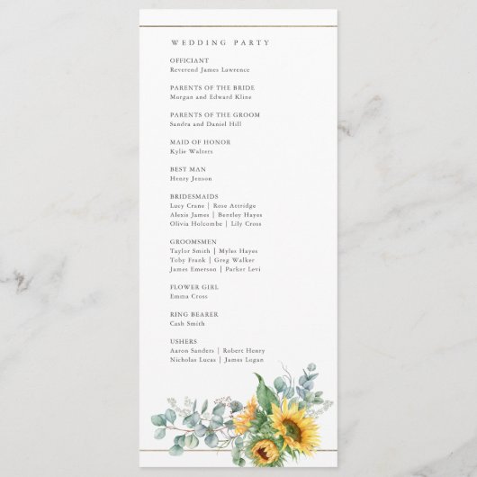 Elegant Sunflower Eucalyptus Wedding Programmakaart (Achterkant)