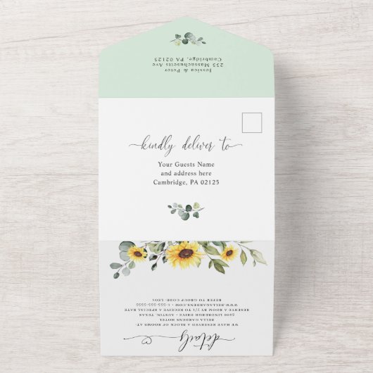 Elegant Sunflower Eucalyptus Wedding QR code All In One Uitnodiging (Buitenkant)