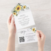 Elegant Sunflower Eucalyptus Wedding QR code All In One Uitnodiging (Afscheurbaar)