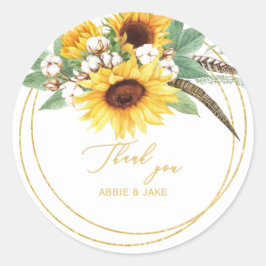 Elegant Sunflower Feather Wedding Bedankt Ronde Sticker