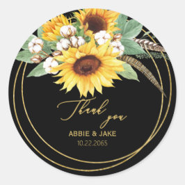 Elegant Sunflower Feather Wedding Black Ronde Sticker