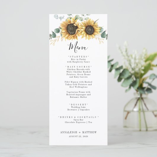 Elegant Sunflower Floral Eucalyptus Wedding Menu (Staand voorkant)