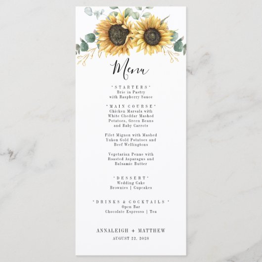 Elegant Sunflower Floral Eucalyptus Wedding Menu (Voorkant)