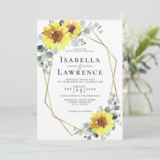 Elegant Sunflower Floral Gold Geometric Weddenscha Kaart (Staand voorkant)