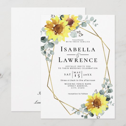 Elegant Sunflower Floral Gold Geometric Weddenscha Kaart (Voorkant / Achterkant)
