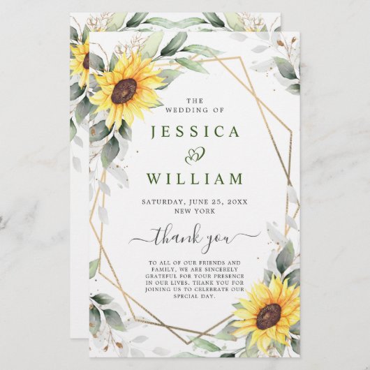 Elegant Sunflower Floral Wedding Ceremony Programm (Voorkant / Achterkant)