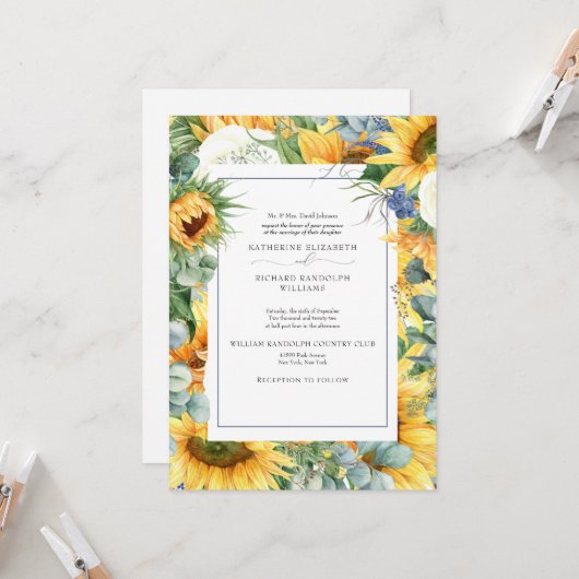 Elegant Sunflower Floral Wedding Invitation Kaart (Voorkant / Achterkant in situ)