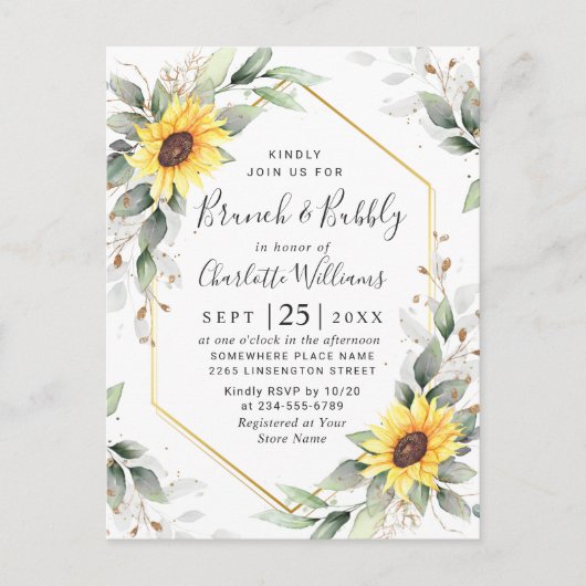 Elegant Sunflower Golden Greenery Brunch & Bubble Briefkaart (Voorkant)