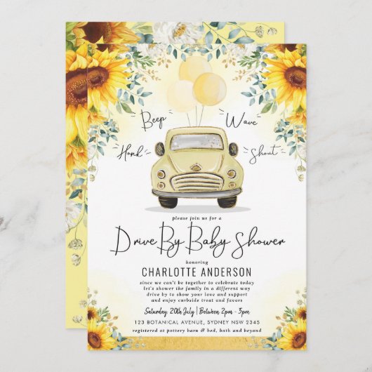 Elegant Sunflower Greenery drive by Baby shower Kaart (Voorkant / Achterkant)