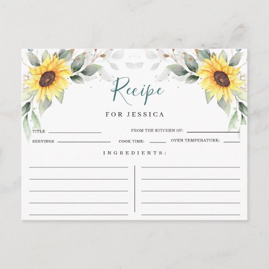 Elegant Sunflower Greenery Floral Recipe Card Briefkaart (Voorkant)