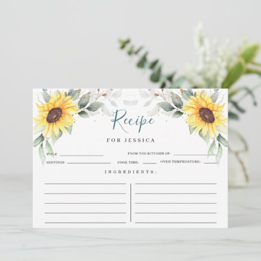 Elegant Sunflower Greenery Floral Recipe Card Kaart (Staand voorkant)