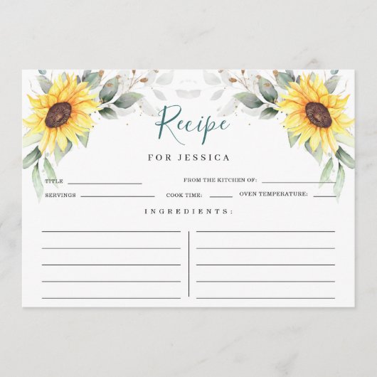 Elegant Sunflower Greenery Floral Recipe Card Kaart (Voorkant)