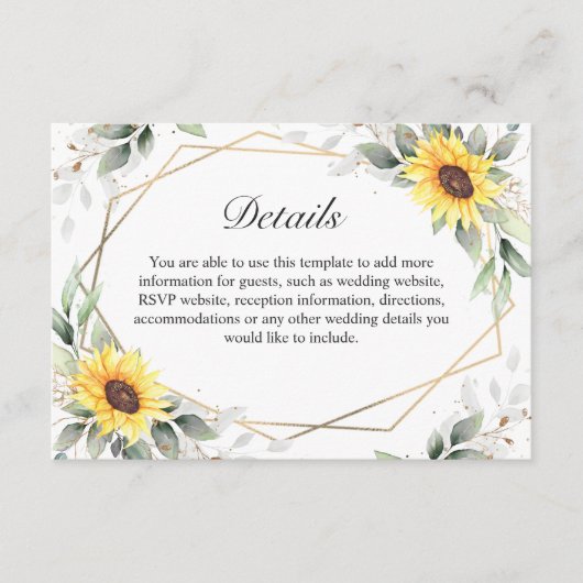 Elegant Sunflower Greenery Floral Wedding Details Informatiekaartje (Voorkant)