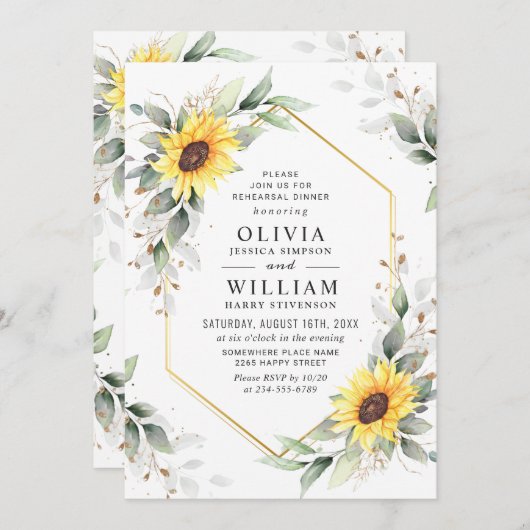 Elegant Sunflower Greenery Rehearsal Dinner Kaart (Voorkant / Achterkant)