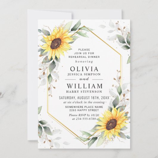 Elegant Sunflower Greenery Rehearsal Dinner Kaart (Voorkant)