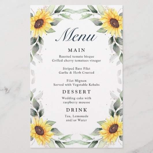 Elegant Sunflower Greenery Wedding Dinner Menu (Voorkant)