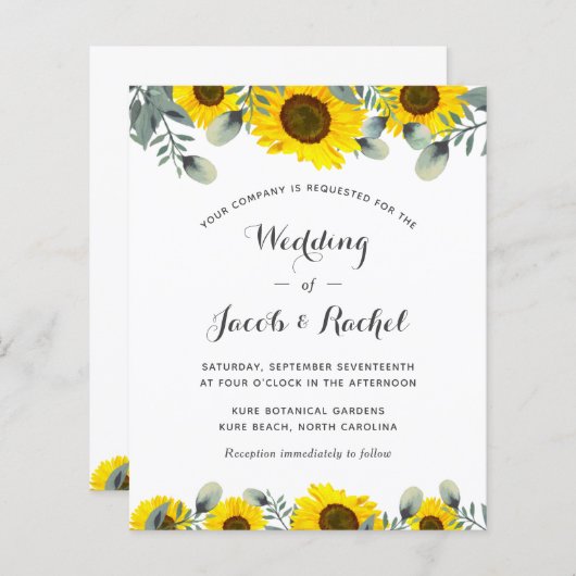 Elegant Sunflower Greenery Wedding Invitation (Voorkant / Achterkant)