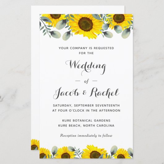 Elegant Sunflower Greenery Wedding Invitation (Voorkant / Achterkant)