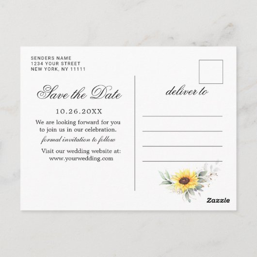 Elegant Sunflower Greenery Wedding Save the Date Briefkaart (Achterkant)