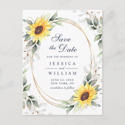 Elegant Sunflower Greenery Wedding Save the Date Briefkaart (Voorkant)