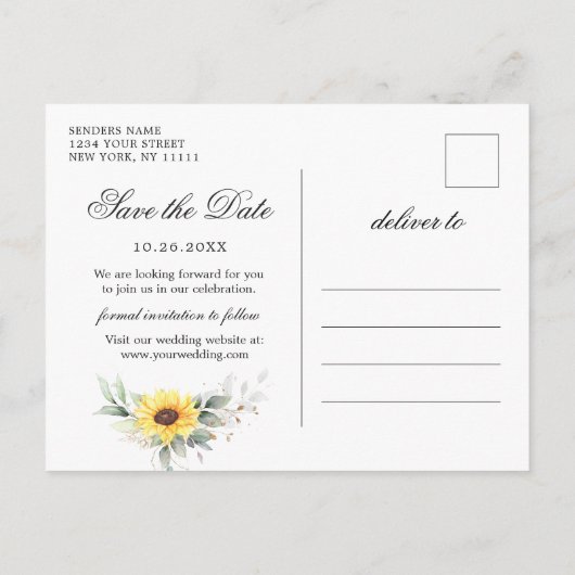 Elegant Sunflower Greenery Wedding Save the Date Briefkaart (Achterkant)