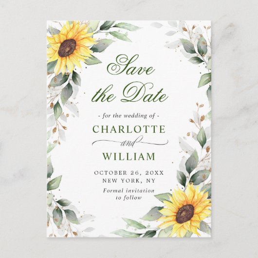 Elegant Sunflower Greenery Wedding Save the Date Briefkaart (Voorkant)