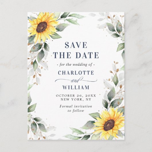 Elegant Sunflower Greenery Wedding Save the Date Briefkaart (Voorkant)