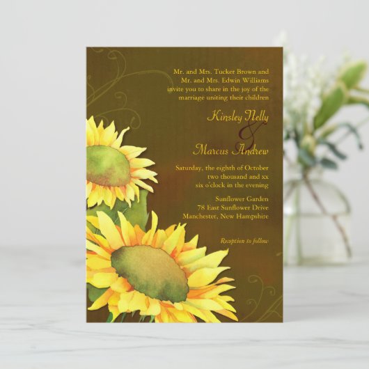 Elegant Sunflower Herfst Brown Wedding Kaart (Staand voorkant)