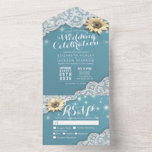 Elegant Sunflower Lace String Lights Wedding RSVP All In One Uitnodiging (Binnen)