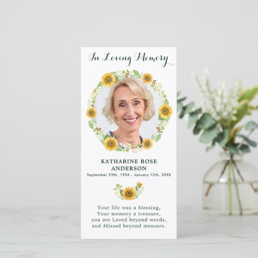 Elegant Sunflower Memorial Funeral Prayer Kaart (Staand voorkant)